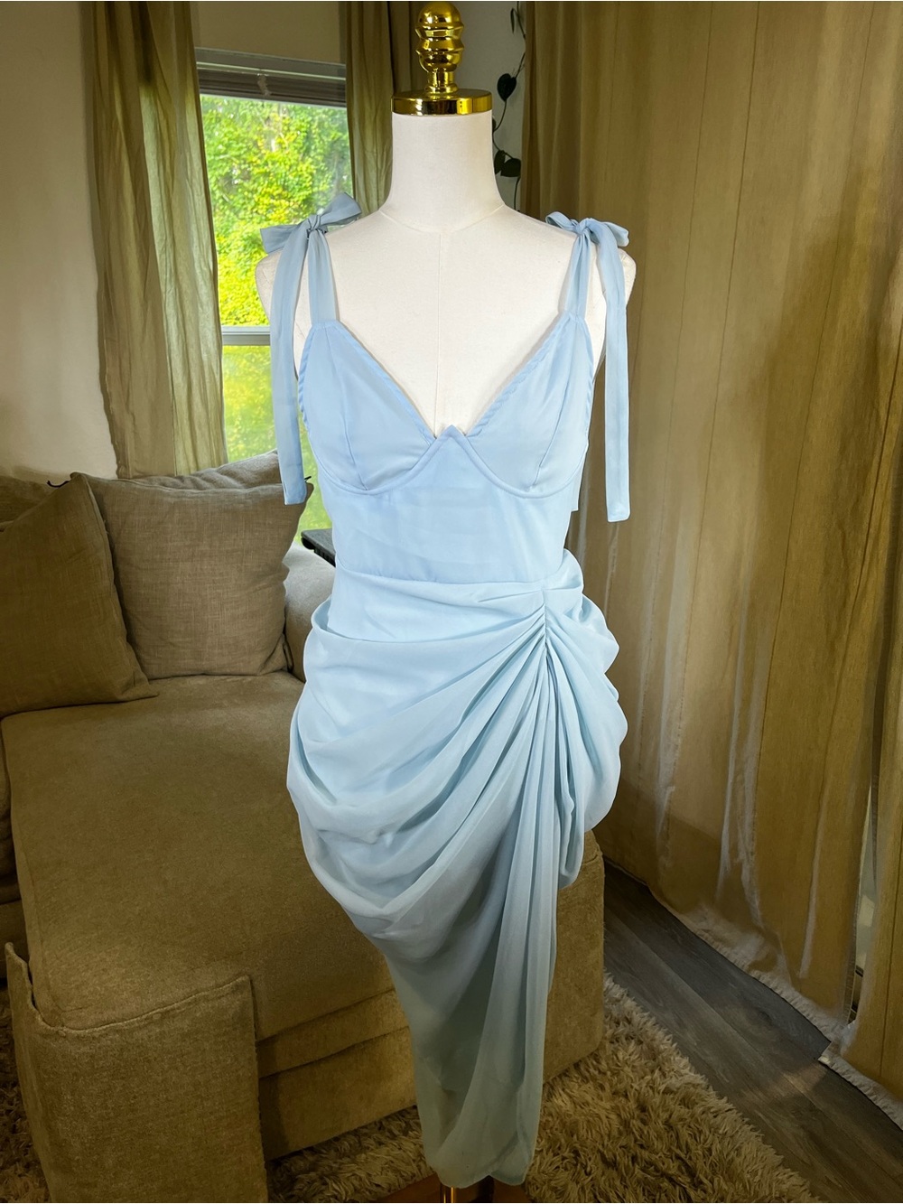 PrettyLittleThing Light Blue Underwore Draped Tie-Shoulder Draped Midi Dress 6